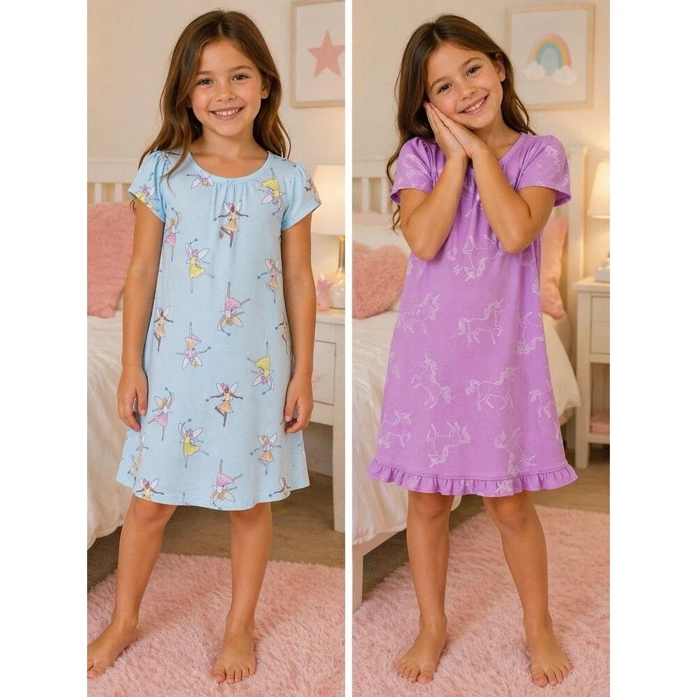 Lot Set of 2 Fairy Unicorn Nightgowns Sleep Shirt Dress Pjs S 6-7 Girls Ruffle